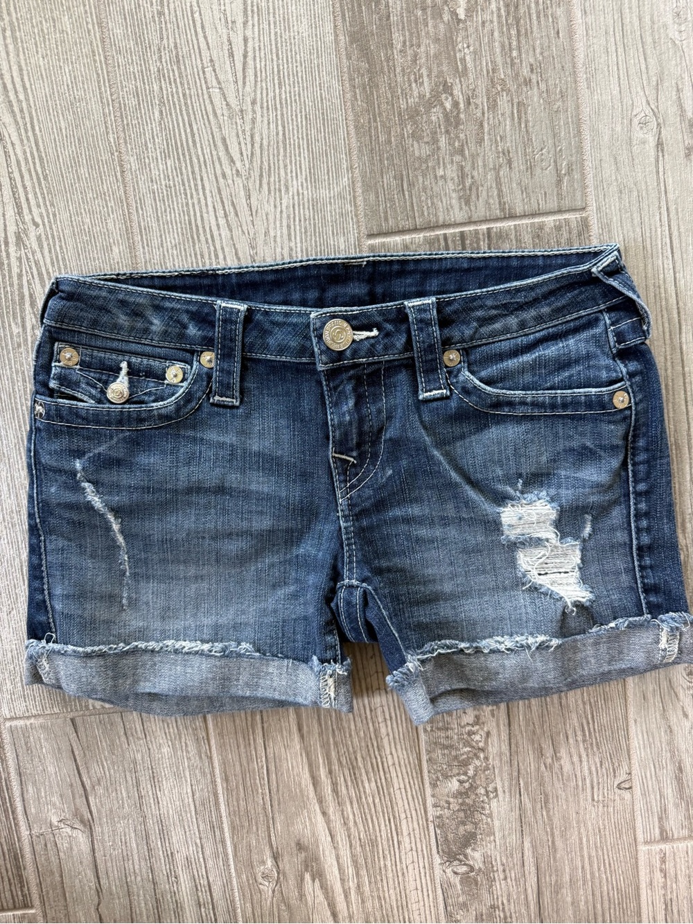 Women’s true religion mid cut off shorts - size 27 Dark Blue Distressed Denim
